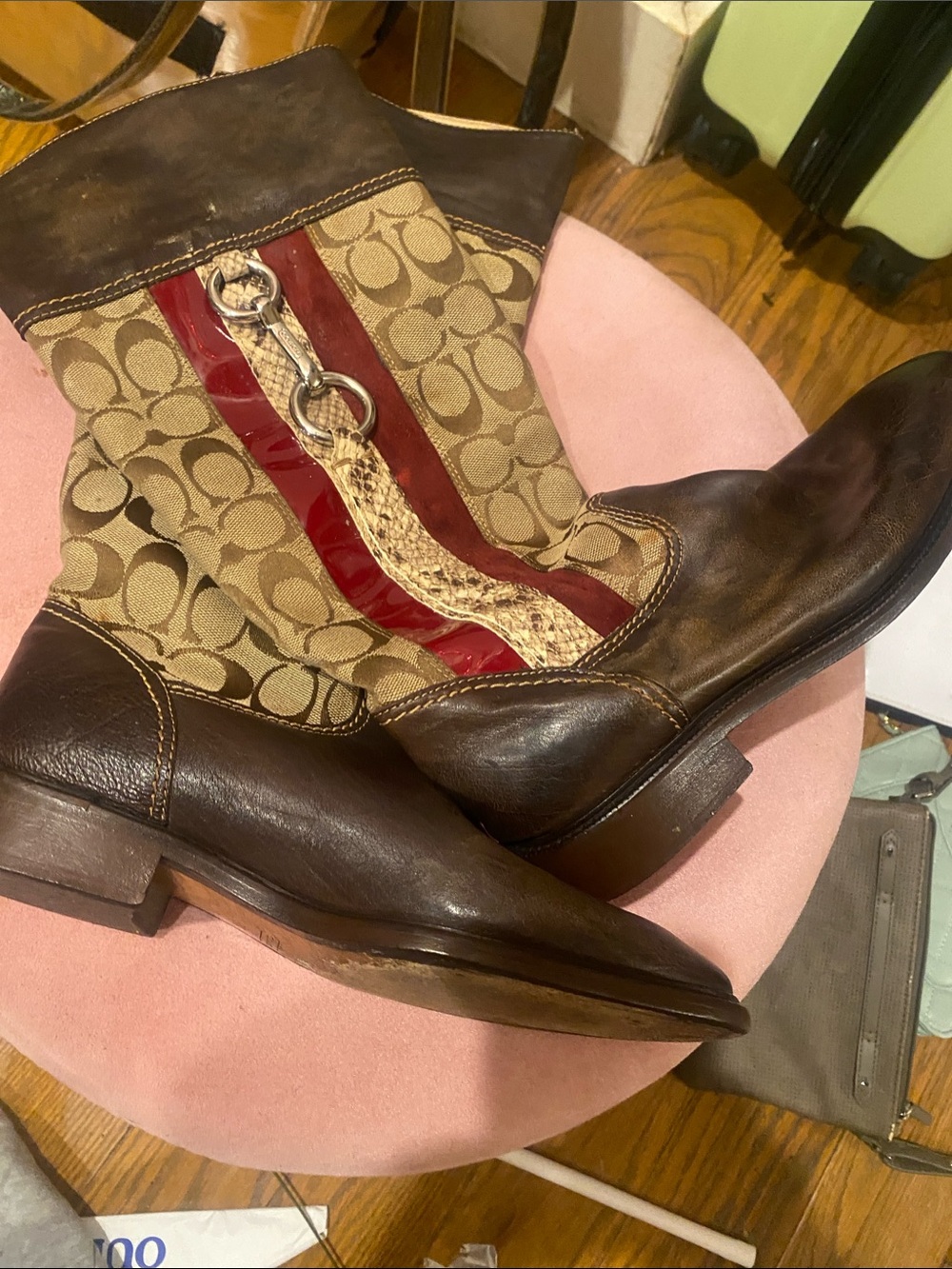 Coach Brown Leather & Signature Canvas Mid-Calf Boots with Red Stripe